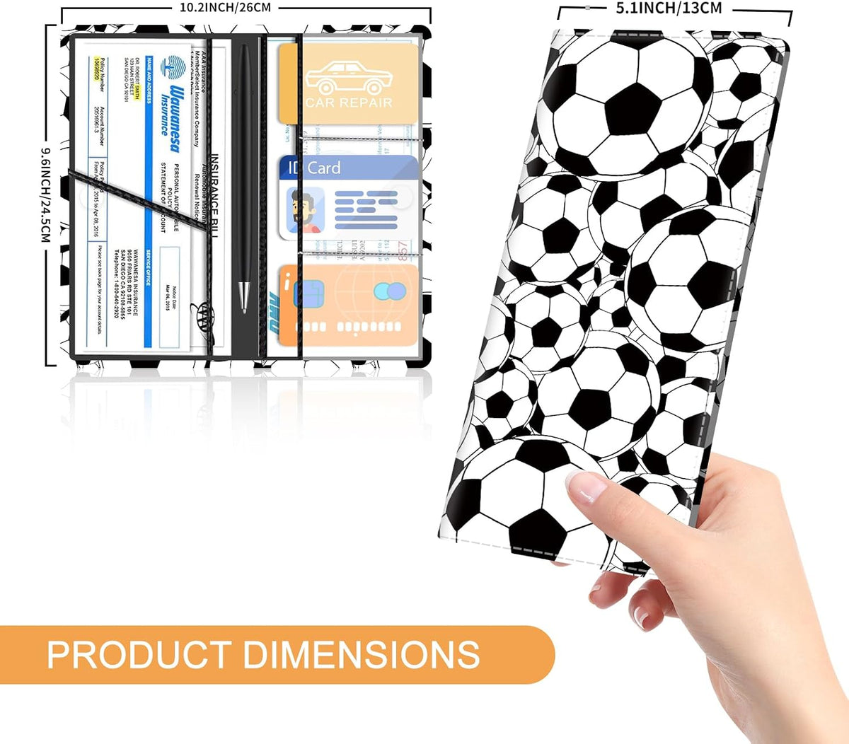 Premium Leather Car Registration and Insurance Card Holder with Magnetic Shut, Cute Vehicle License Document Glove Box Compartment Organizer Cool Car Accessories Black White Soccer Ball