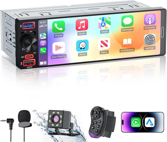 Single Din Radio Car Stereo with Apple CarPlay & Android Auto, 6.5” InCell Touchscreen Car Radio with 1080P Backup Camera, Mirror Link, Bluetooth 6.0, GPS, AM&FM, USB & Type-C Fast Charging