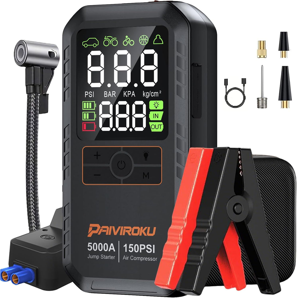 5000A Car Battery Jump Starter with Air Compressor,Car Battery Jumper Starter Portable 8L Gas/7L Diesel,150PSI Tire Inflator&12V Car Battery Jump Box with 500LM LED/36W Fast Charge/Jump Cables