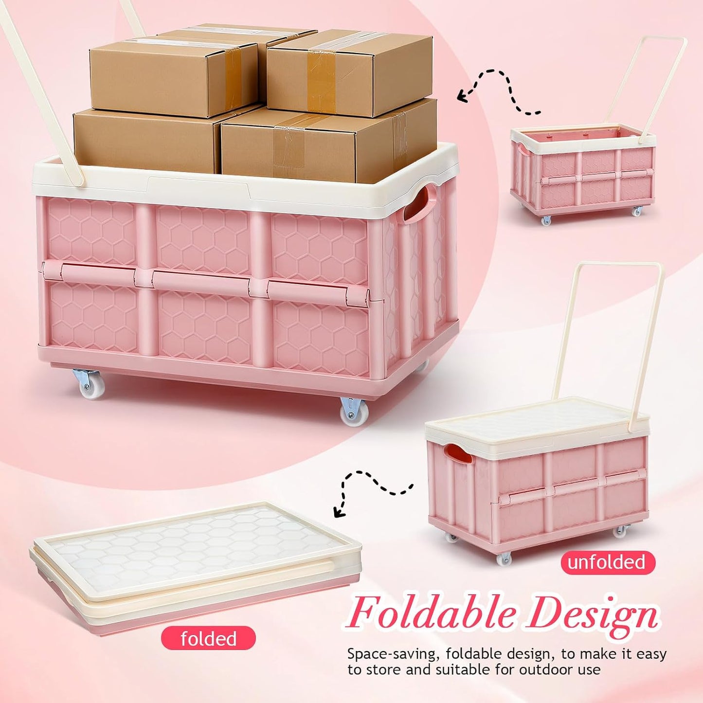 Collapsible Storage Bins with Lids And Wheels, Stackable Folding Storage Boxes for Clothes Toys Books, Home Garage Car Organizer Pink