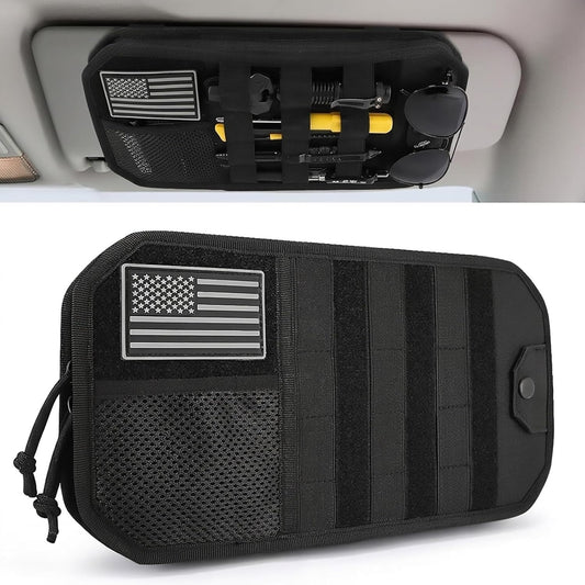 Denchy Molle Car Sun Visor Organizer with Zipper Storage Pouch and Sunglasses Holder Clip, Tactical Sunvisor Organizers for Trucks, Universal Molle Panel Accessories for Truck SUV Police Car Gear
