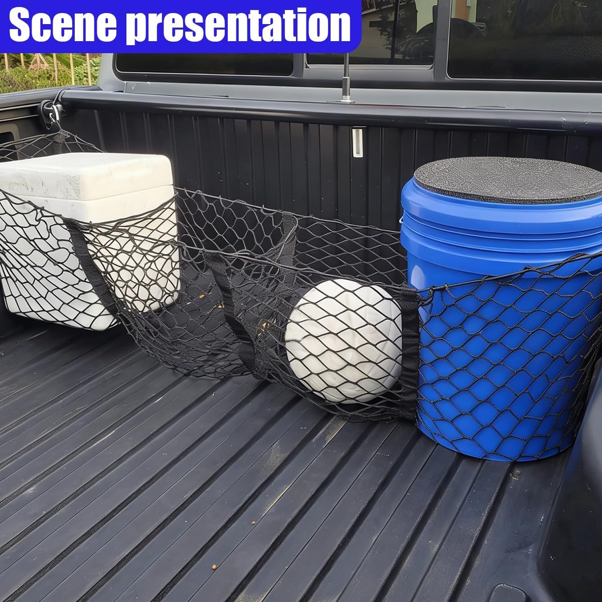 4 Pocket Truck Bed Cargo Net, Adjustable Elastic Mesh Storage Net with 4 Metal Carabiners, Universal Heavy Duty Car Grocery Holder Organizer Accessories for Pickup, SUV (Black)