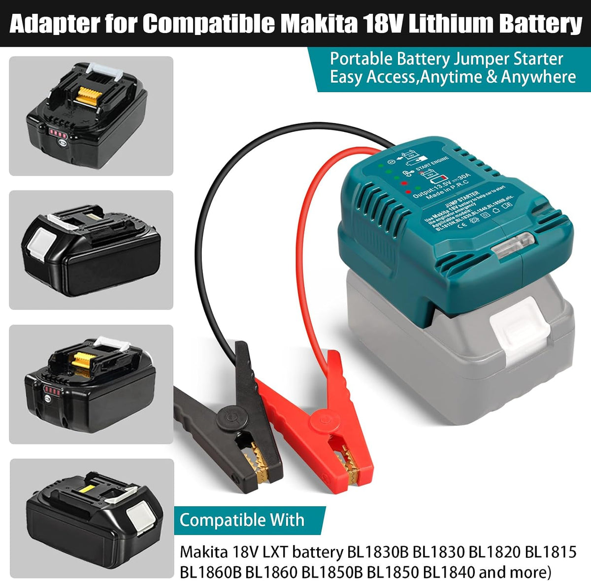 Jump Starter Adapter for Makita 18V Battery with Jumper Cable Clamps Portable Car Charger Jump Starter(Battery Not Included)