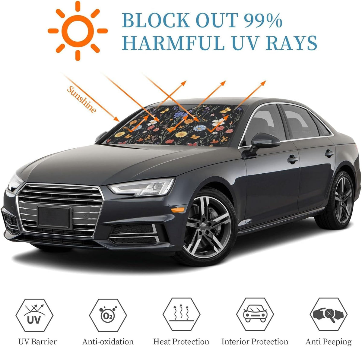 Windshield Sun Shade Vintage Botanical Flower Wildflower Car Front Window Sunshade Blocker UV Visor Retractable Automotive Sunshades for Vehicle SUV Truck Protector 51x27.5 inch