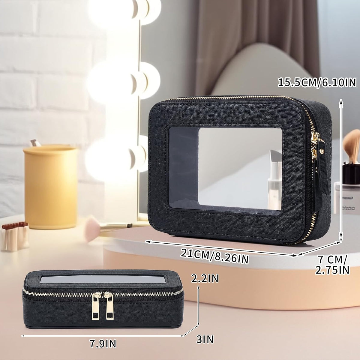 Pinkmik Travel Clear Makeup Bag (Black, M+SLIM)
