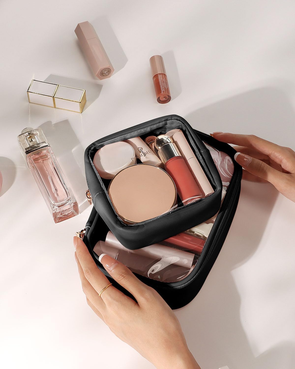 Pocmimut Clear Makeup Bag, Easy to Find Mini Makeup Bag for Purse, Travel Makeup Bag for Car, Compact Cosmetic Pouch for Daily Essentials,Black