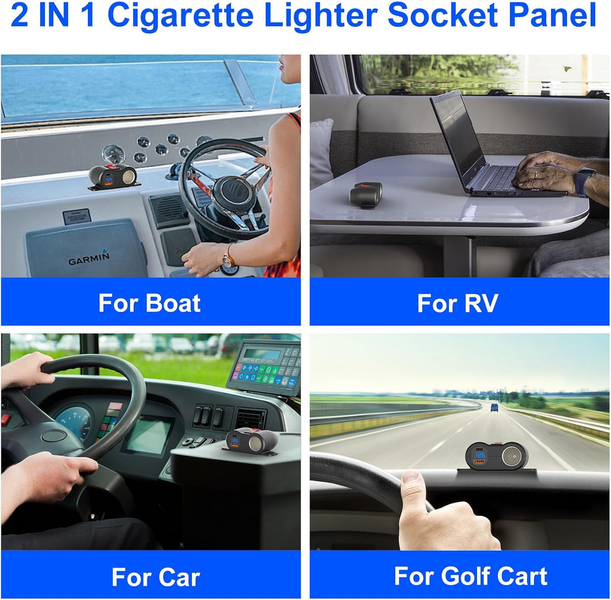 2-in-1 Surface Mount 12V USB Outlet Cigarette Lighter Socket, PD 30W and QC18W Car USB Port Car Charger with Button Switch LED Voltmeter and 120W Socket, Suitable for Cars, Boats, RVs and ATVs
