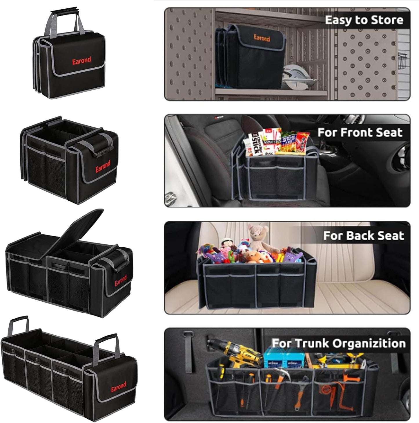 Collapsible Trunk Organizer with Insulated Leakproof Cooler Bag,Removable Lid,Adjustable Securing Straps,3 Compartments Trunk Organizer for SUV,Truck,Sedan(Grey & Black)
