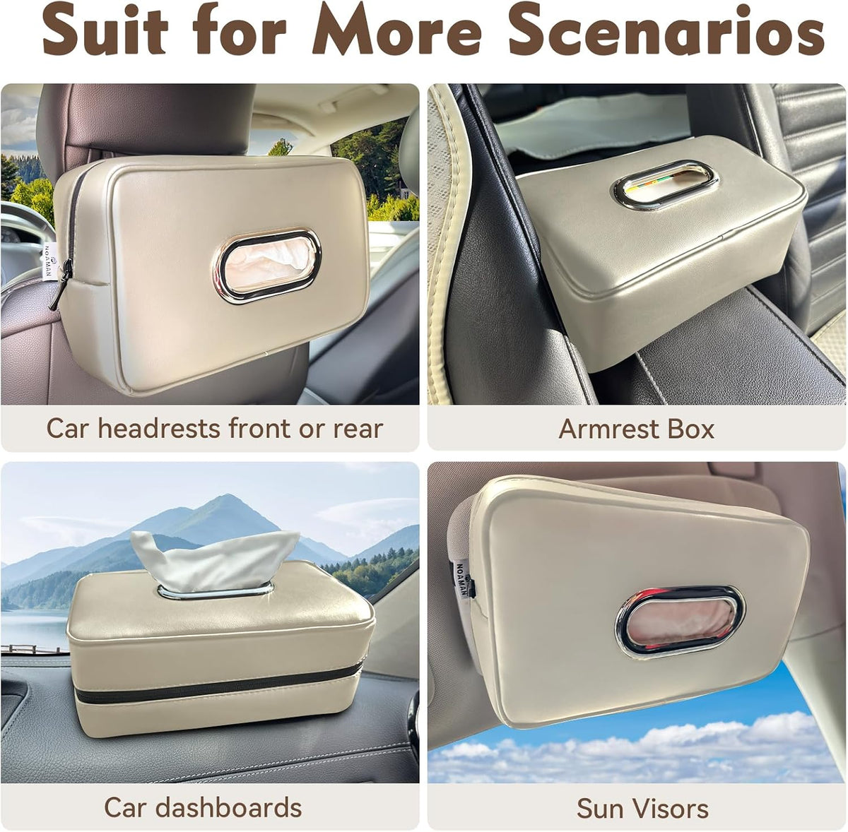 Noaman Upgraded Large Car Tissue Holder Premium PU Leather Tissues Box Cover Backseat Rectangular Napkin Holder for Car Fits for 120 Standard Kleenex Tissues Box for Car Organization Accessories Beige