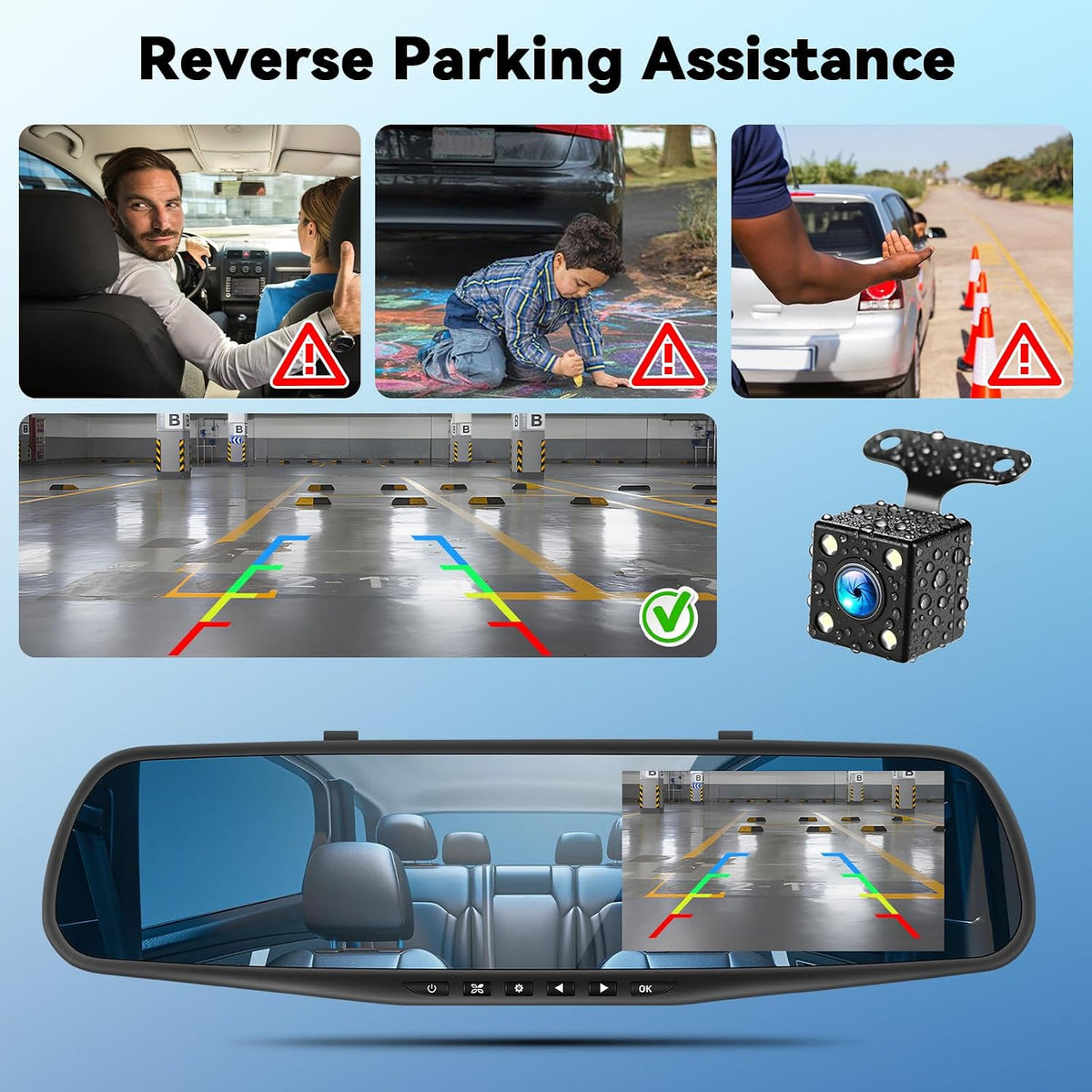 Mirror Dash Cam 4.5 Inch Rear View Mirror Camera 1080P Front and 480P Rear View Dual Cameras with 32G Card, Motion Detection, Night Vision, Parking Assistance, Loop Recording，Exposure Adjustment