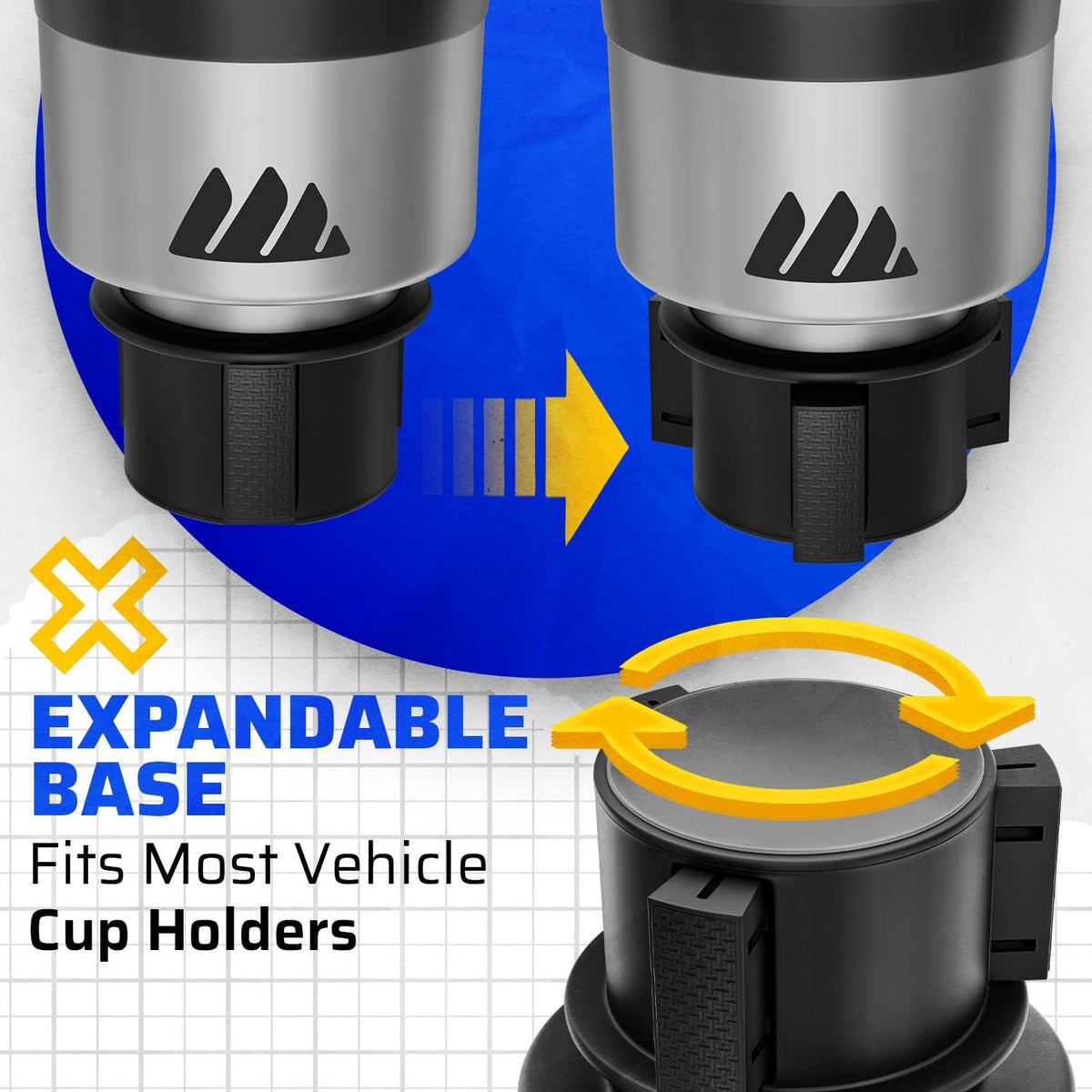 Integral Silver Hydro Expander Car Cup Holder Expander Organizer with Adjustable Base - Rubber Tabs Hold Most 32-40 oz Bottles and Large Cups