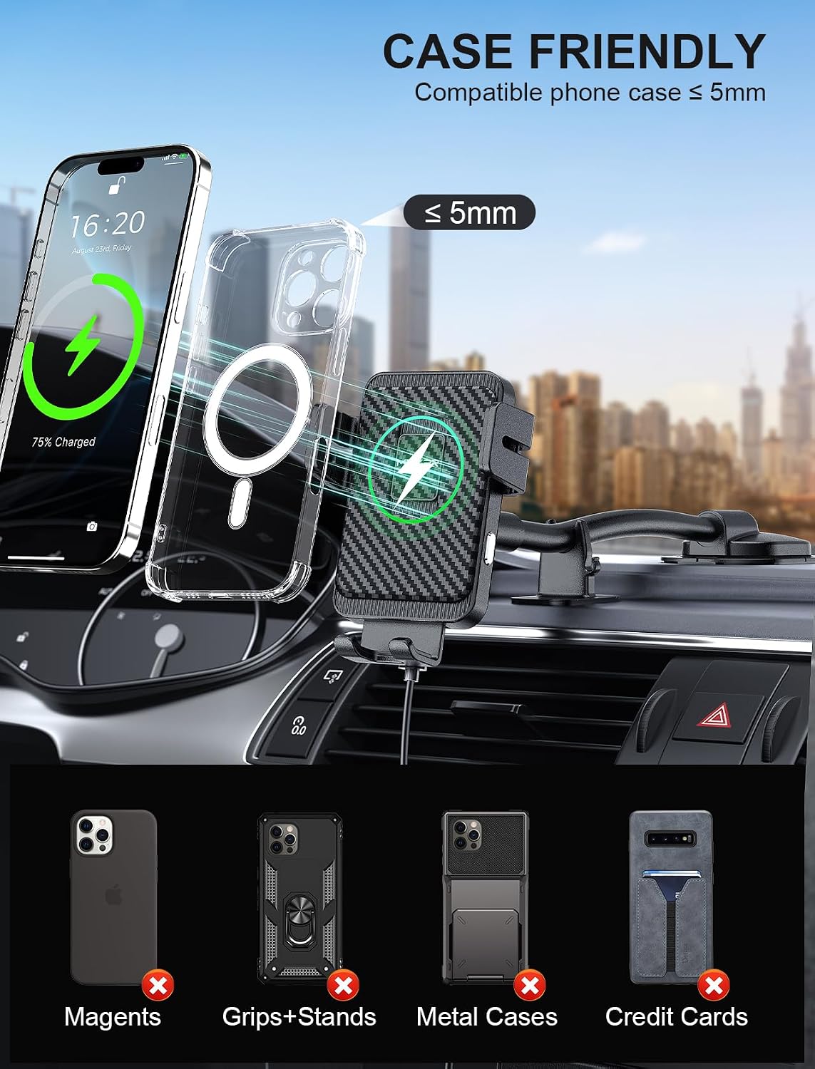 Wireless Car Charger Adjustable Gooseneck Dashboard Car Mount Fast Charging