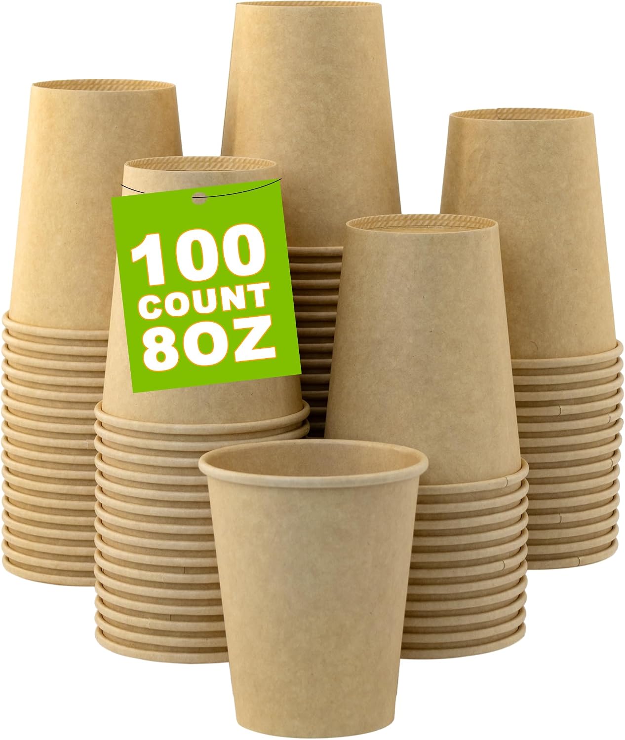 8 oz 100 Pack Disposable Coffee Cups, Bulk Brown Disposable Paper Cups, Coffee Cups for Hot Tea, Chocolate and Cold Drinks