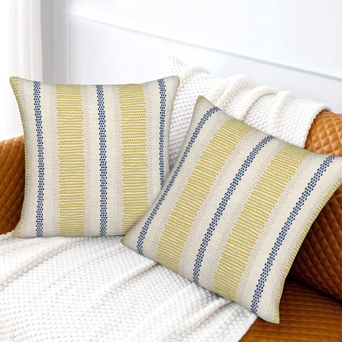 Blue Yellow Pillow Covers 18 x 18 Inch Set of 2 Boho Polka Dot Striped Decorative Outdoor Throw Pillow Covers Linen Summer Farmhouse Modern Pillowcase for Home Sofa Couch Decor