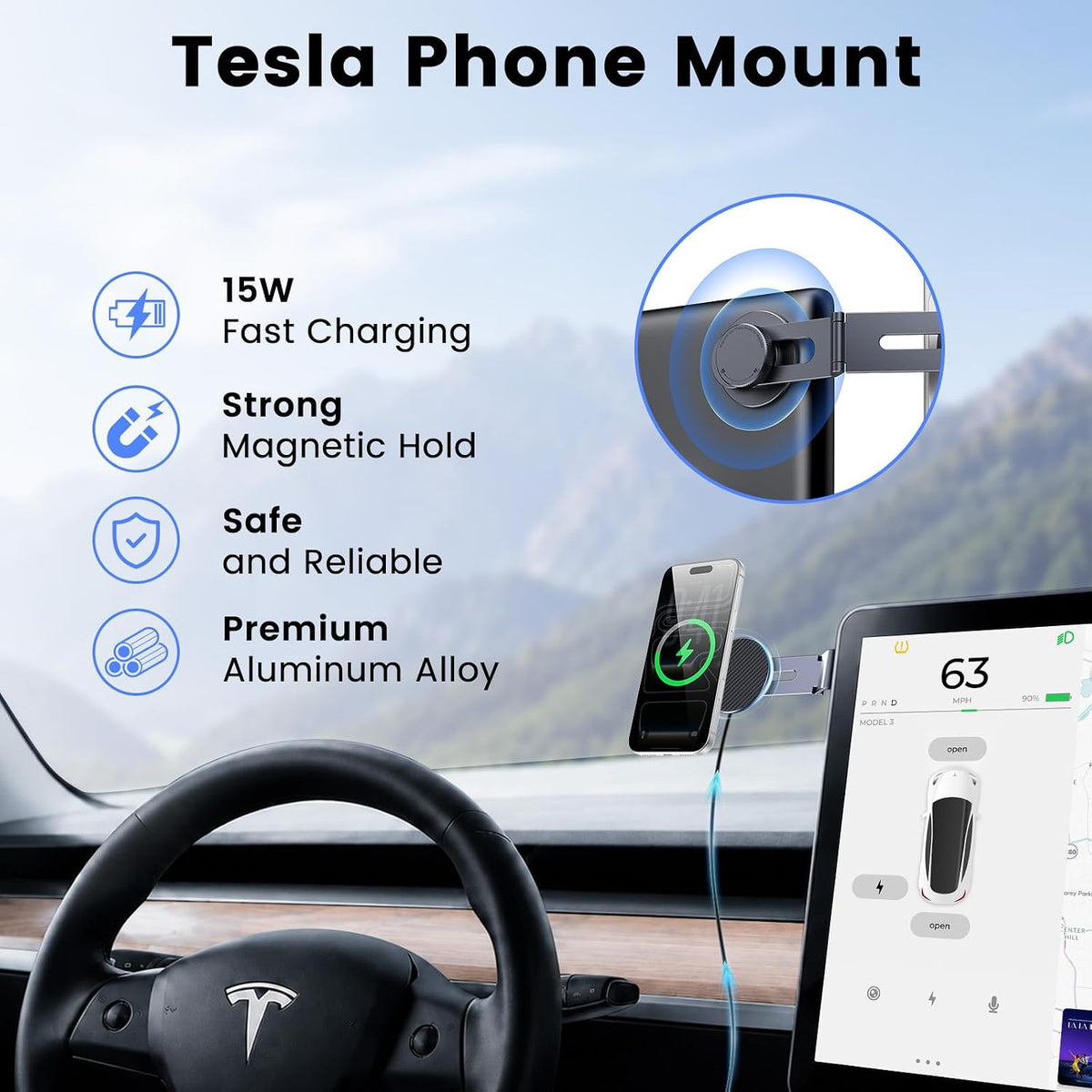 Tesla Phone Mount with 15W Fast Charging, Foldable Hidden Car Holder for Tesla Model 3 / Y/Cybertruck, 360° Rotatable Dashboard Screen Bracket with Ultra-Strong N52 Magnets