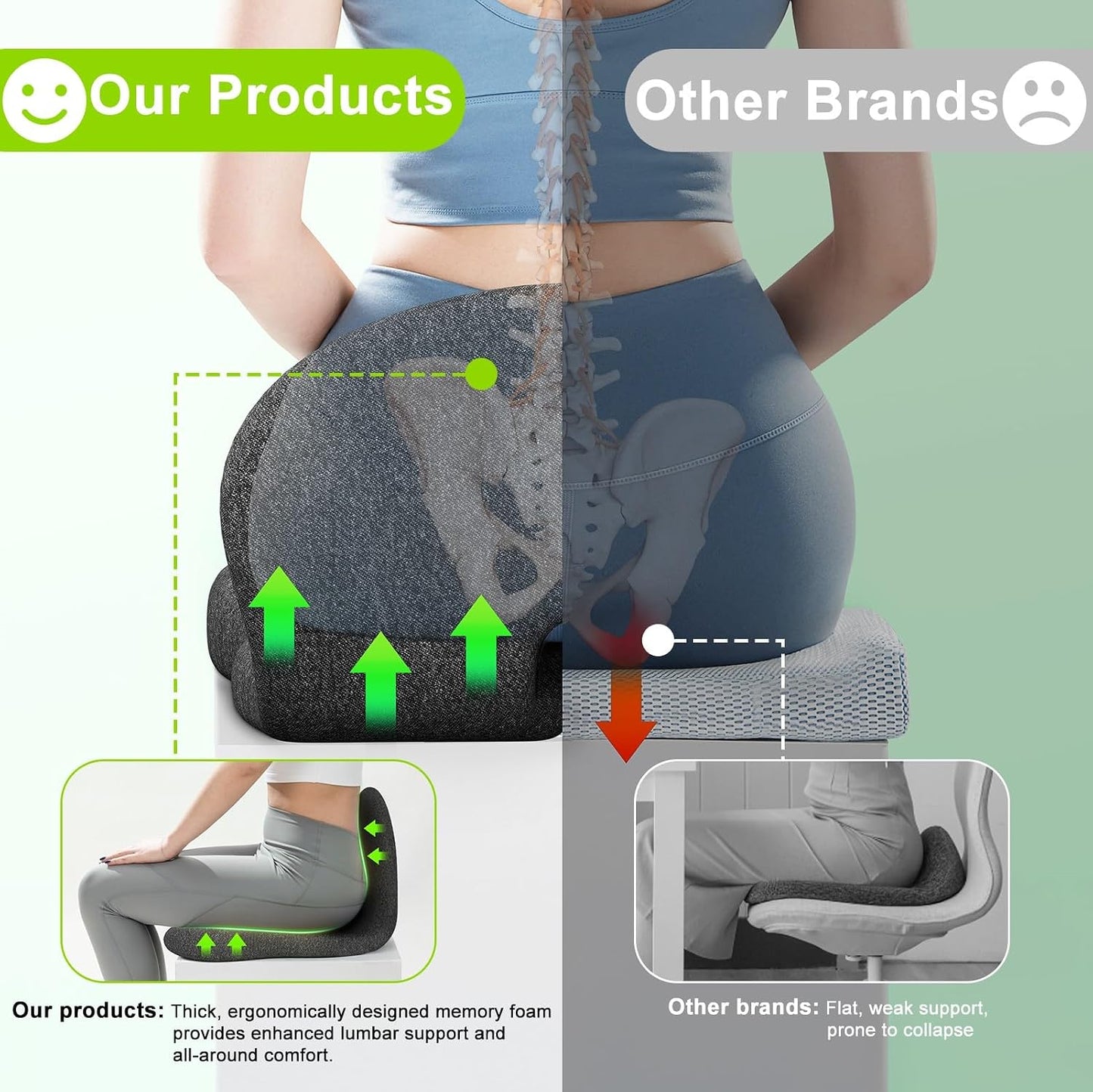 Seat Cushion, Seat Cushions for Office Chair, Ergonomic Coccyx Cushion, Breathable Non-Slip Memory Foam Pad for Long Sitting, Gaming Chair & Car Seat