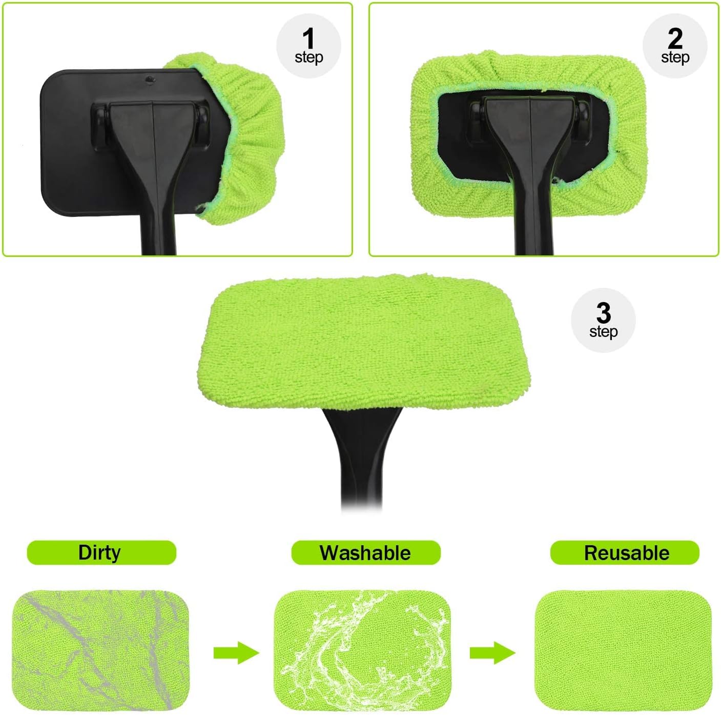 XINDELL Car Window Cleaning Combo – Windshield Glass Cleaner Tool with Extendable Handle & 14 Reusable Microfiber Pads for Interior/Exterior Glass, Streak-Free Auto Window Cleaning for Car Owners