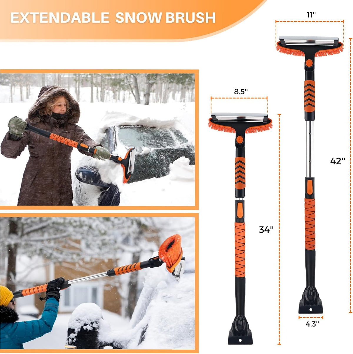 KeFanta Snow Removal Brush and Ice Scrapers for Car Windshield, 3 in 1 Heavy Duty 42'' Extendable Broom for SUV and Truck Window, Automotive Winter Accessories