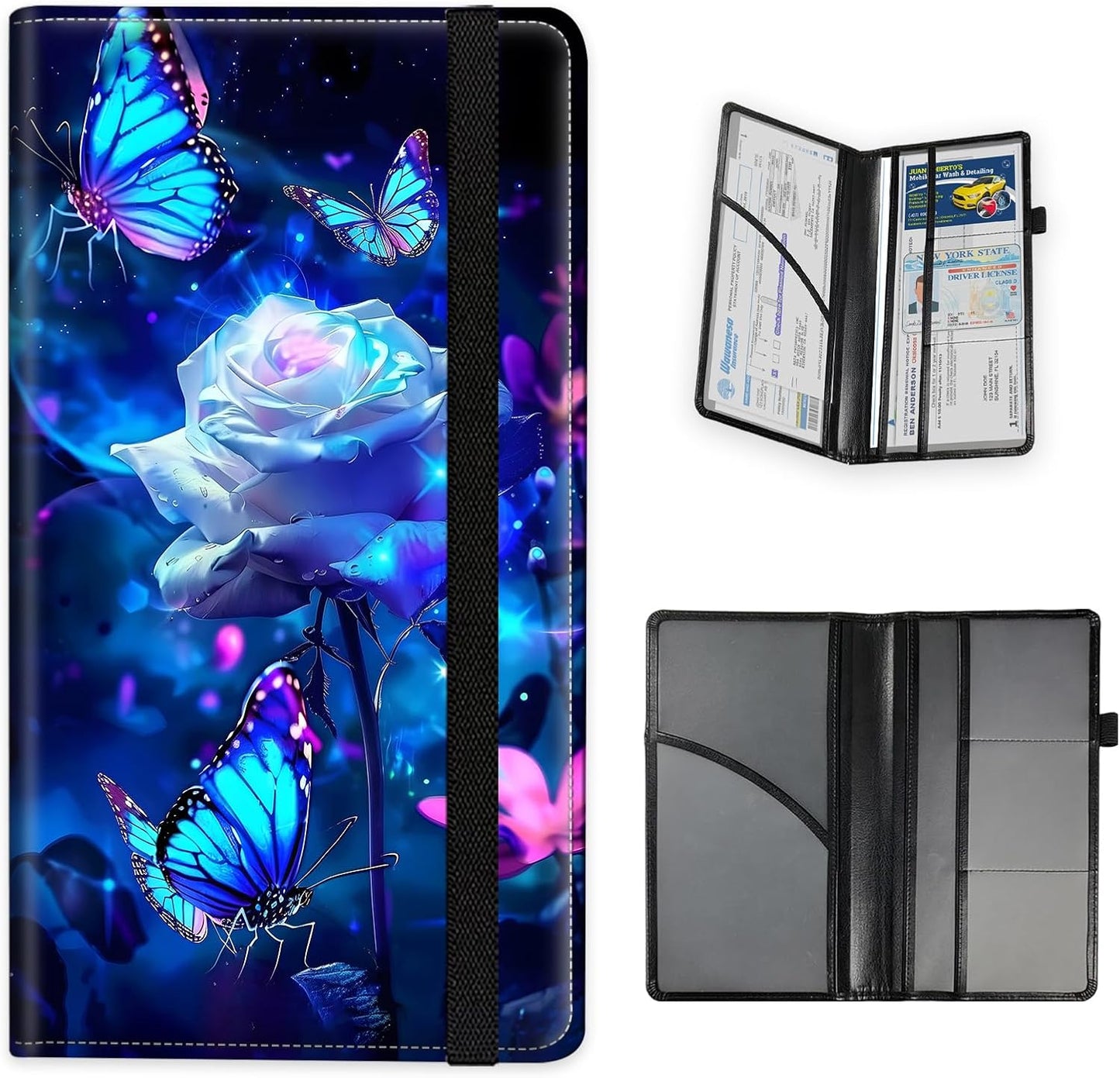 Car Registration and Insurance Card Holder, Trunk Document Holder Organizer, Essential Vehicle Glove Box Organizer Leather Wallet for Driver, Purple Roses Butterflies