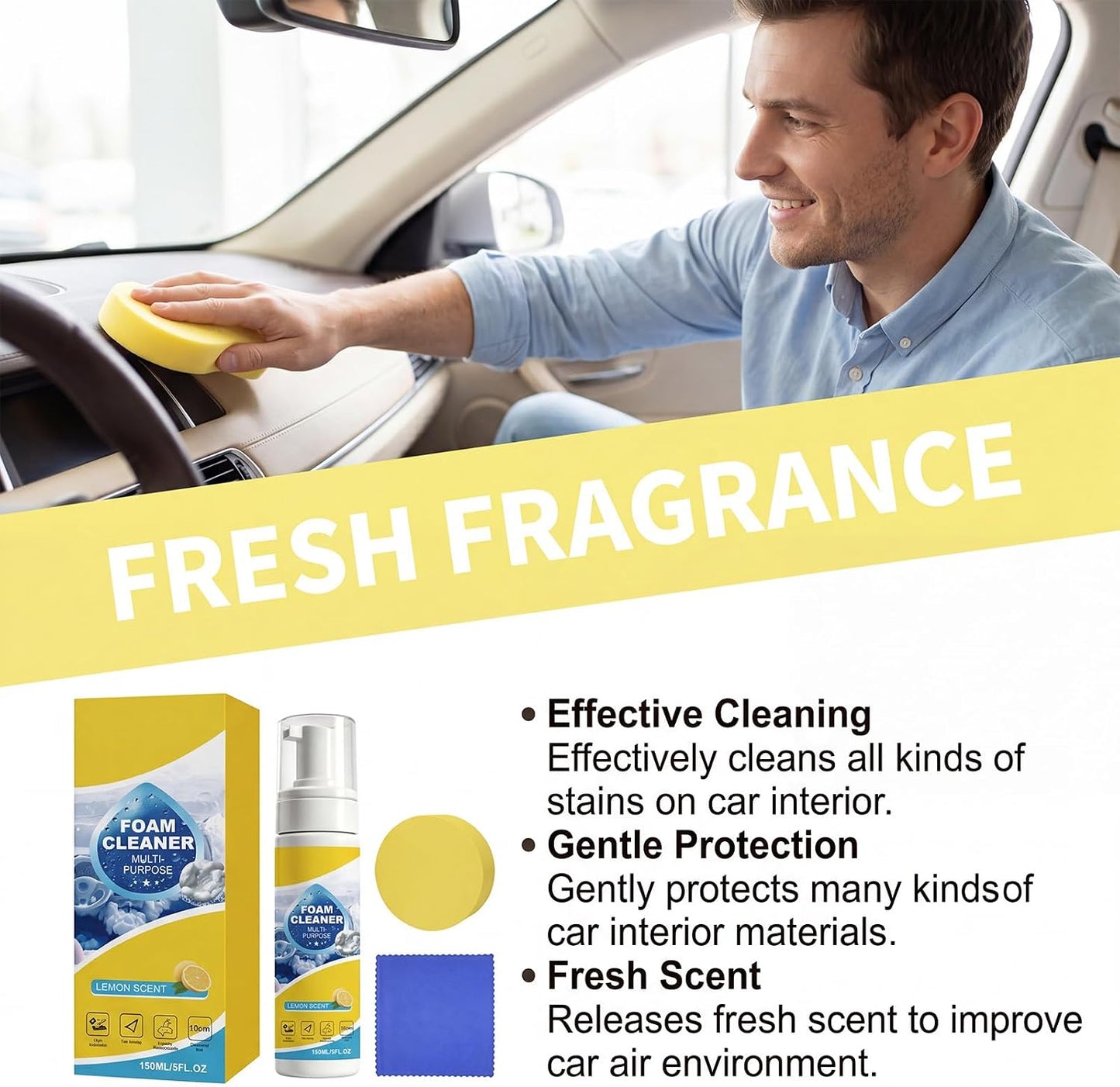 Car Interior Cleaner Foam Kit with Sponge & Towel, Multi Purpose Foam Cleaner for Leather, Fabric, Plastic & Upholstery, Deep Cleaning Car Dashboard Seats Carpet Headliner, Lemon Fresh Scent