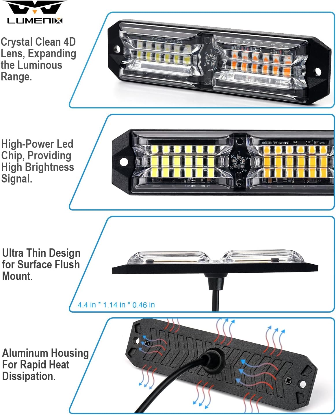 LUMENIX Grille Strobe Lights Kits for Trucks w/Controller, 8PCs High-Intensity LED Surface Mount Emergency Construction Vehicles Snowplow Towing Deck Side Marker Flashing Warning Light- Amber White