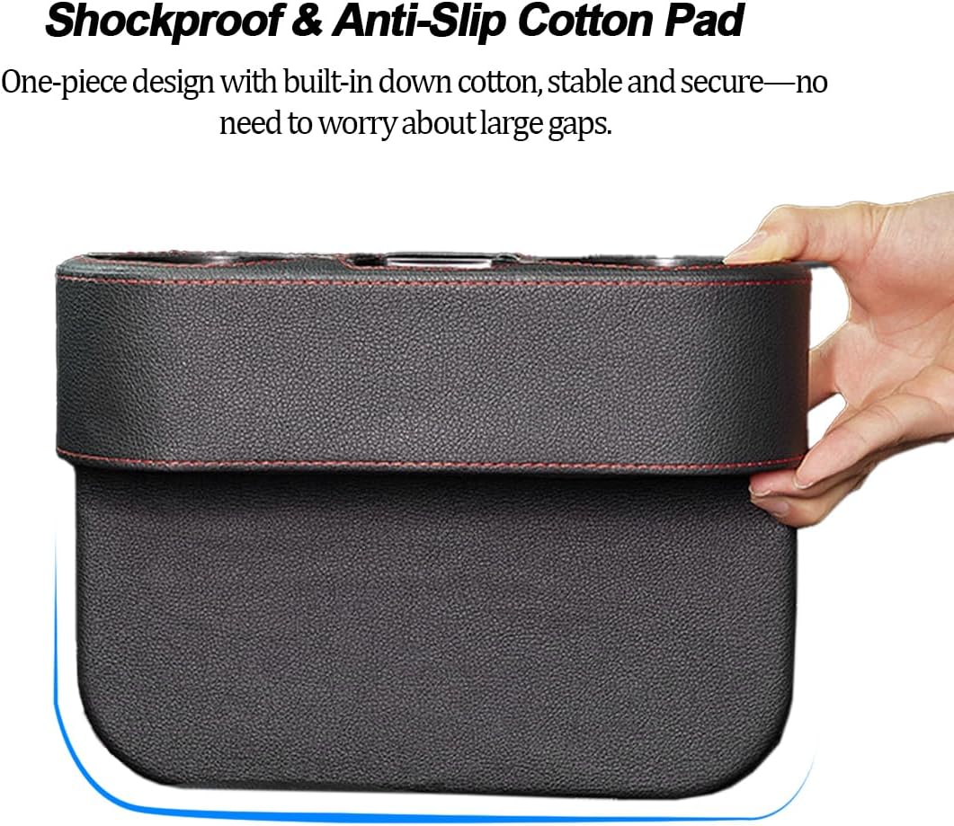 Car Gap Filler Organizer, Multifunctional Leather Console Side Crevice Blocker Storage Box with Cup Holder, Auto Seat Gap Stopper Organizer for Keys, Phones, Glasses, Universal Fit (Black)