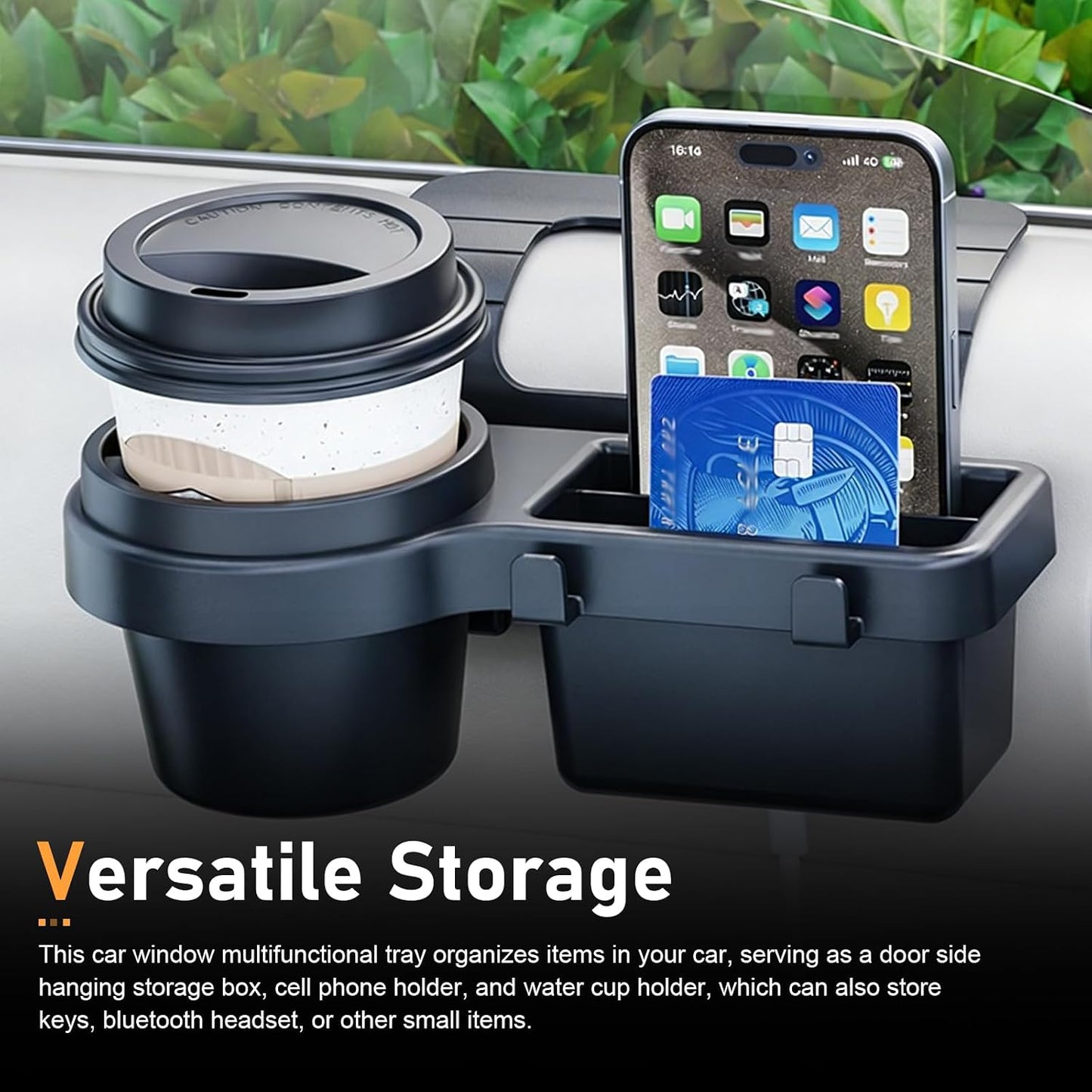 Car Cup Holder, Car Window Multifunctional Organizer, Vehicle Door Side Hanging Rack, Cell Phone Storage Box, Plug & Play Vehicle Storage with Sponge Pads, for Most Cars (Black #B)