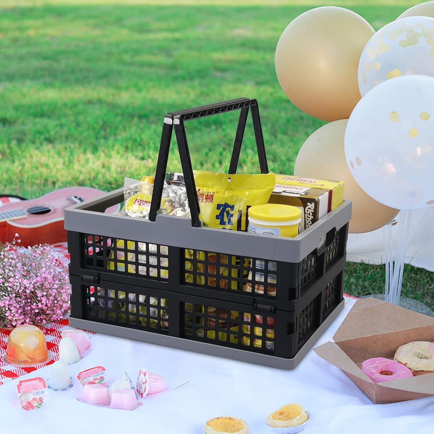 2-Pack 15 L Plastic Collapsible Shopping Basket with Handle | Folding Storage Crates, Collapsible Design, Portable Carry Handle, Stackable Structure, for Shopping, Pantry & Garage