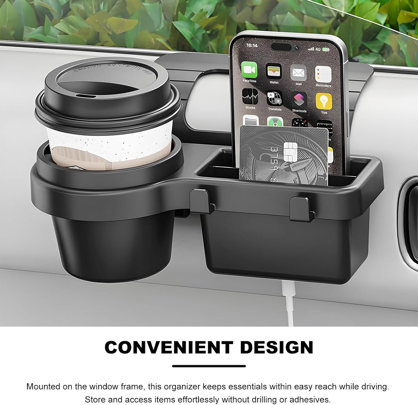 Car Window Multifunctional Storage Organizer, Vehicle Door Side Hanging Storage Rack with Cup Holder, Auto Window Mount Organizer for Cell Phone Earphone Key Water Cup