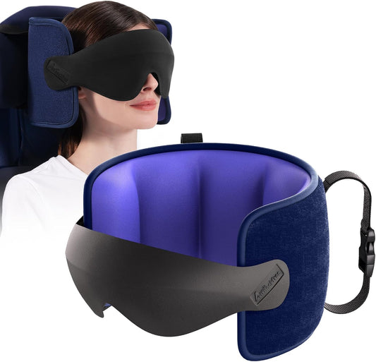 Travel Pillow for Airplanes Head Strap Support, 3D Eye Mask | 360 Airplane Sleep Support Headrest Pillow No Bobbing Head Sleeping Aid Travel Essentials for Long Flights/Car/Trip Blue