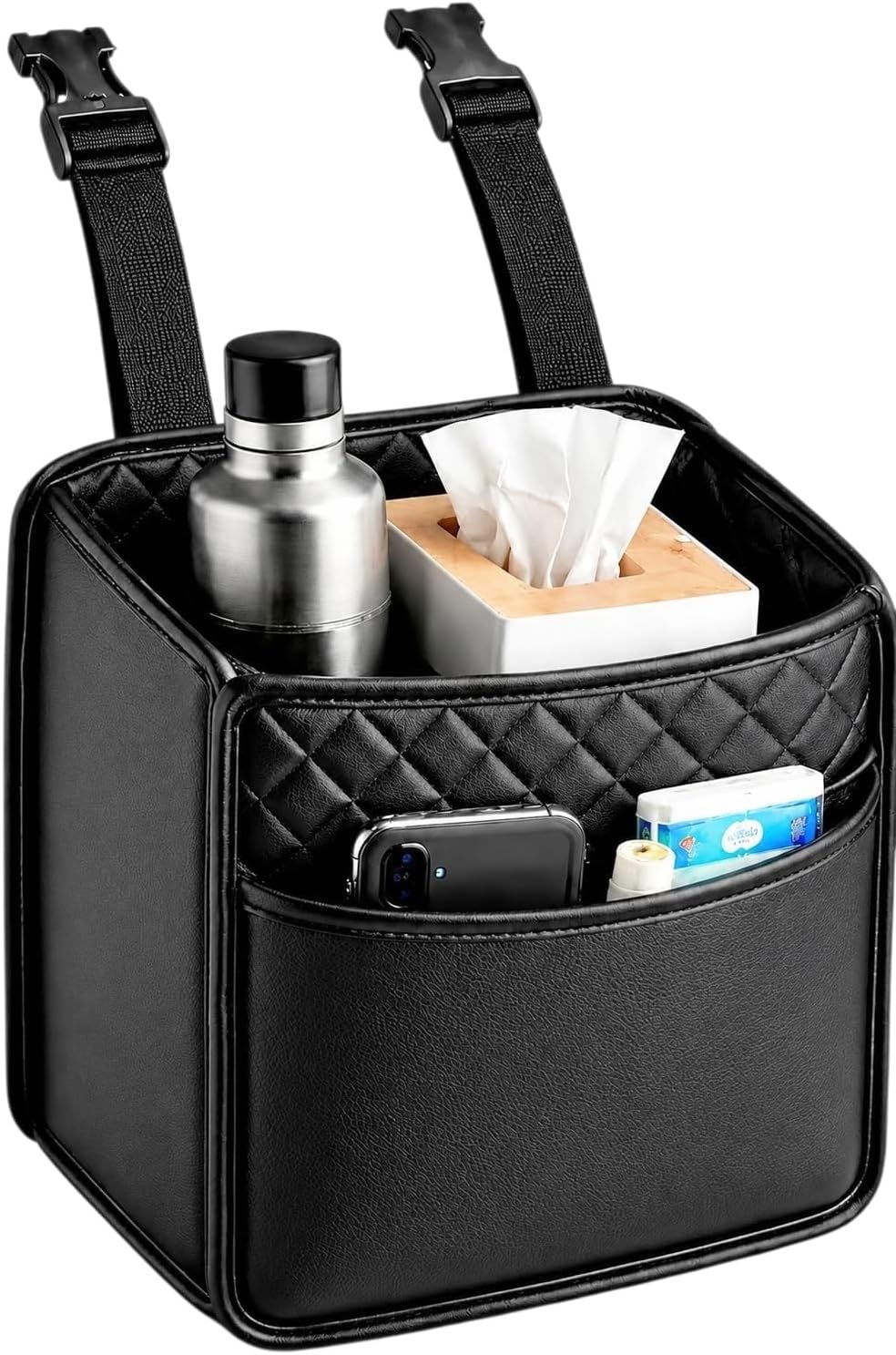 Premium PU Leather Car Backseat Organizer with Tissue Holder, Small Hanging Seatback Storage Bag & Compact Trash Bin, Waterproof Luxury Vehicle Headrest Pouch, Universal Fit for Sedan, SUV, Truck
