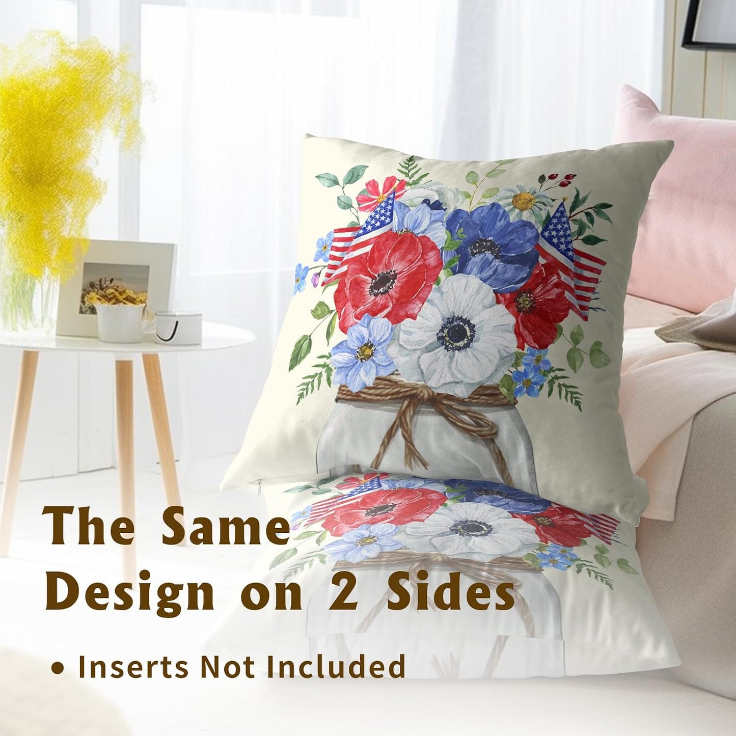 4th of July Pillow Covers 18X18 in Set of 2 American Flag Flowers Floral Patriotic Decorative Cotton Line Pillowcases for Sofa Couch Independence Day Memorial Day Home Decor