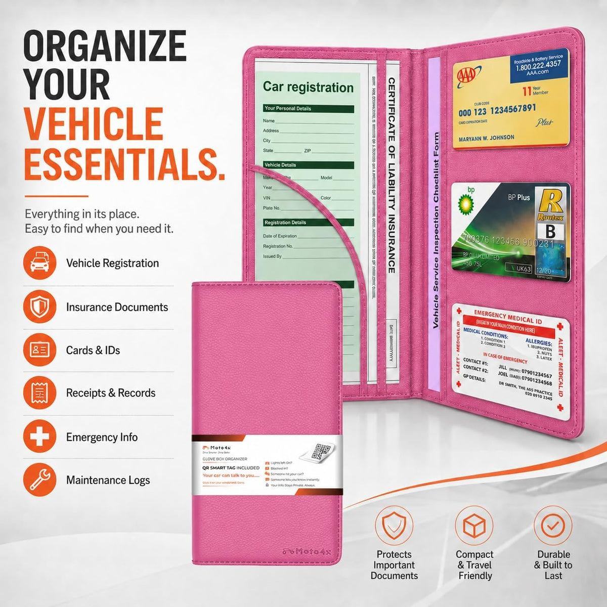 Car Registration and Insurance Card Holder, Pink Premium PU Leather Folder