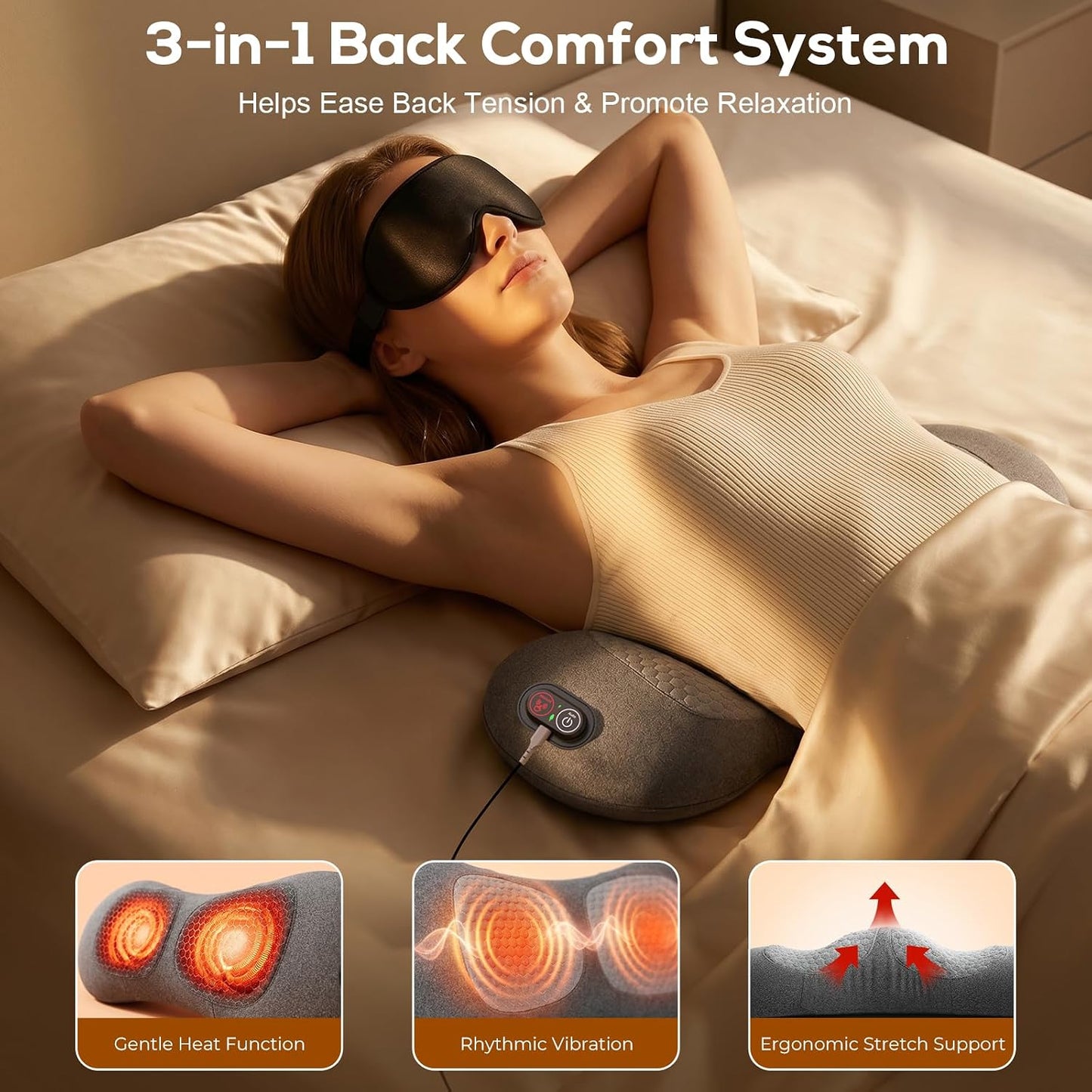 2026 Upgraded 3-in-1 Lumbar Support Pillow with Heat, Vibration & Stretching, Ergonomic Electric Lumbar Pillow with 3D Eye Mask, Portable Lower Back Support Cushion for Home, Office, Car & Travel