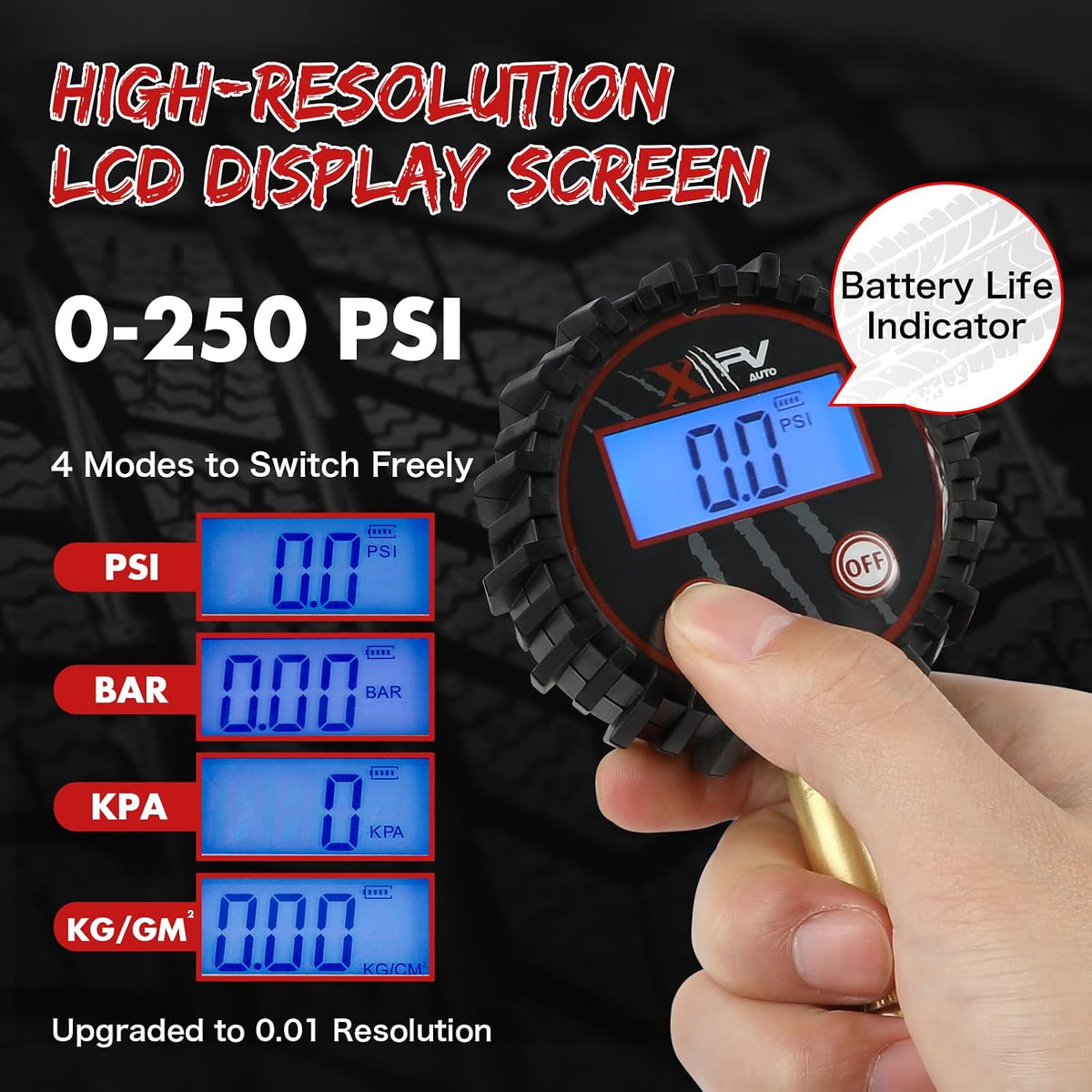 XPV AUTO Digital Tire Pressure Gauges 250 PSI - Professional