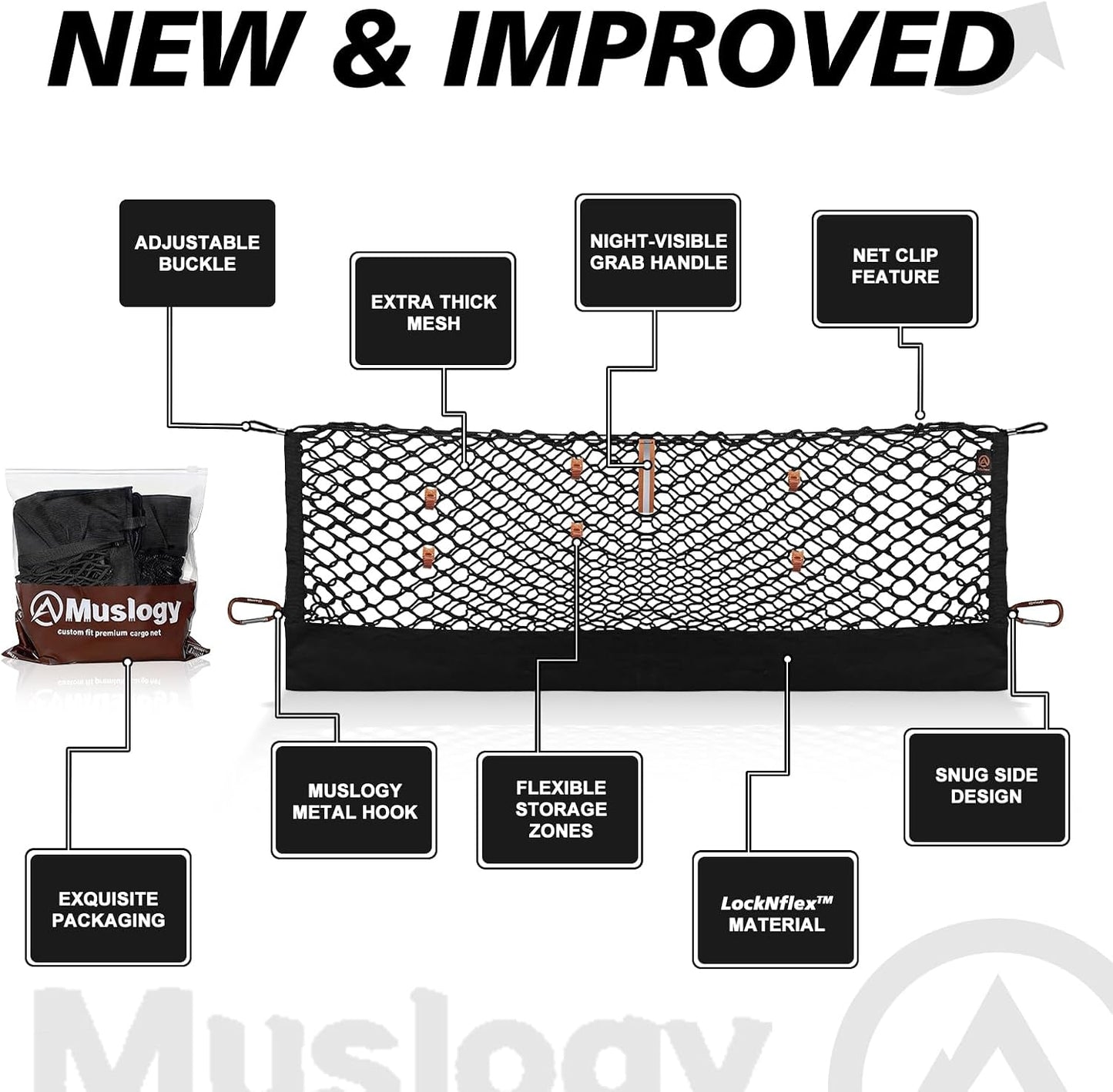 Muslogy Truck Bed Cargo Net Trunk Netting Compatible with 2021-2026 Chevy Suburban&Tahoe|GMC Yukon&Yukon XL| Escalade Accessories, Pickup Cargo Organizer SUV Sedan Storage Net w/Heavy Duty Carabiners