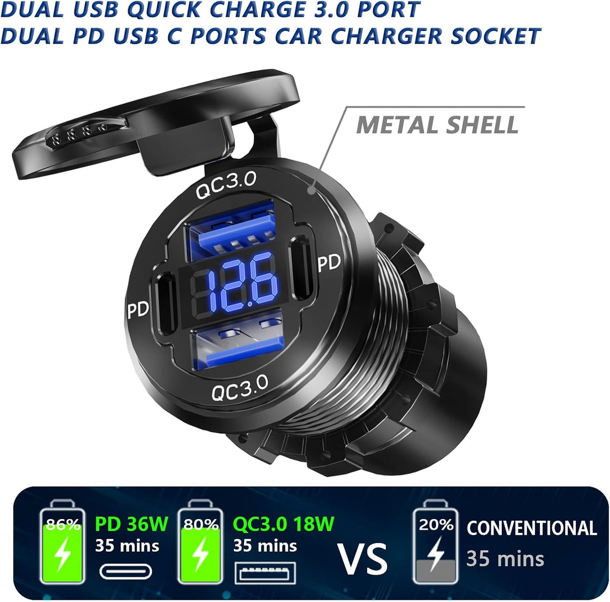 Dual PD USB C Ports & Dual Quick Charge 3.0 Ports Car Charger Socket, VANONE Aluminum Alloy Waterproof 12V USB Outlet, Accessories for Car Boat Marine Motorcycle RV ATV Truck Golf Cart, etc