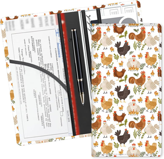 Leather Car Registration and Insurance Card Holder, Cute Car Accessories Vehicle Glove Box Car Organizer for Documents, Cards, License Boho Cute Chicken