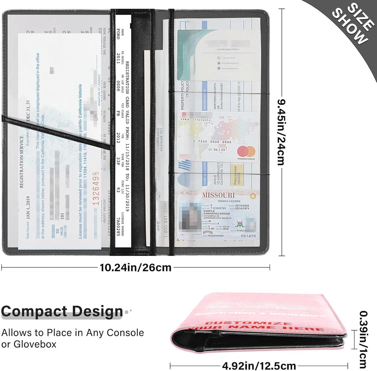 Custom Car Registration and Insurance Card Holder Personalized Leather Glove Box Organize Men Women Wallet Accessories Case for Cards, Essential Document Driver License Pink