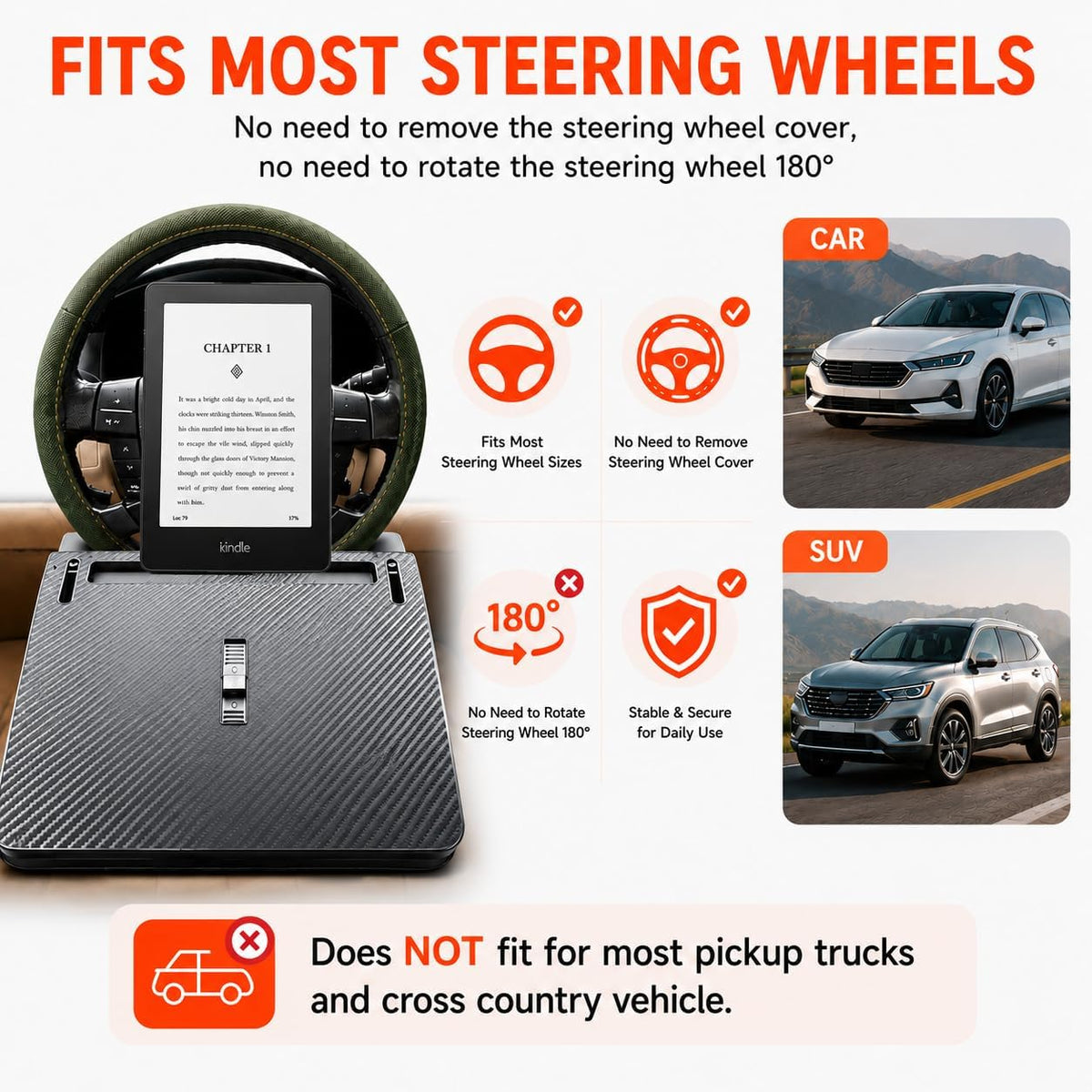 Car Steering Wheel Tray for Eating Food, Adjustable Car Laptop Desk Table Fits 16" Laptop and Steering Wheel Cover with Dual Panels, Ideal for Cars, SUV, EV Parked Charging