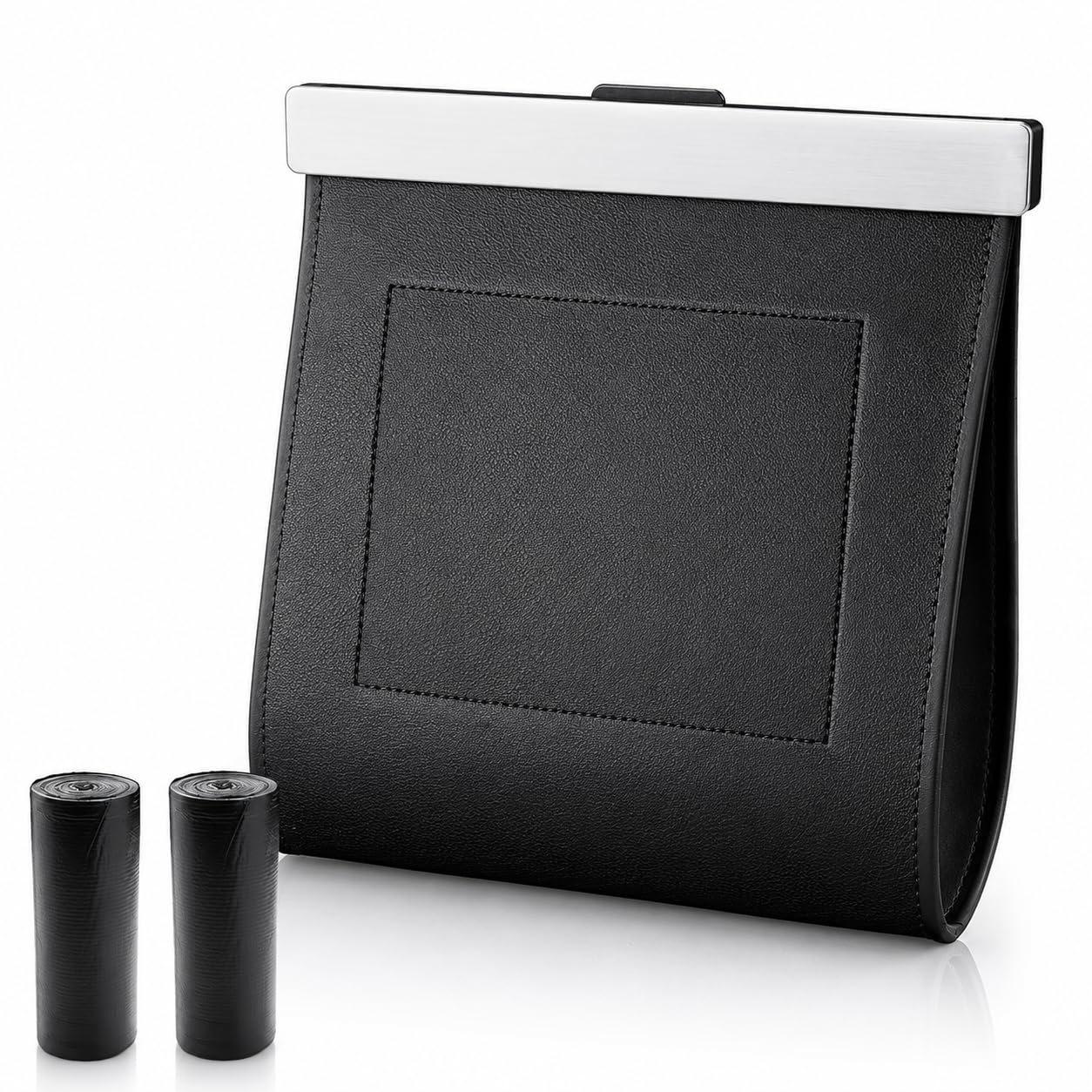 Premium Car Trash Can with Magnetic Lid, Waterproof Leakproof PU Leather Vehicle Garbage Bin, Foldable Hanging Auto Trash Bag for Seat Back Pocket, Fits Cars SUVs Trucks, Includes 2 Rolls Trash Bags