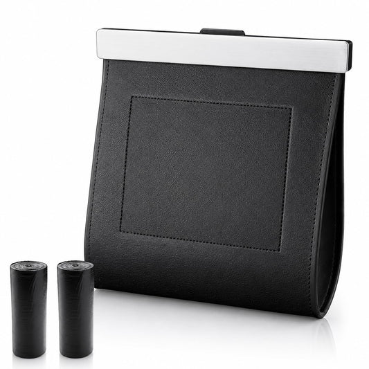 Premium Car Trash Can with Magnetic Lid, Waterproof Leakproof PU Leather Vehicle Garbage Bin, Foldable Hanging Auto Trash Bag for Seat Back Pocket, Fits Cars SUVs Trucks, Includes 2 Rolls Trash Bags