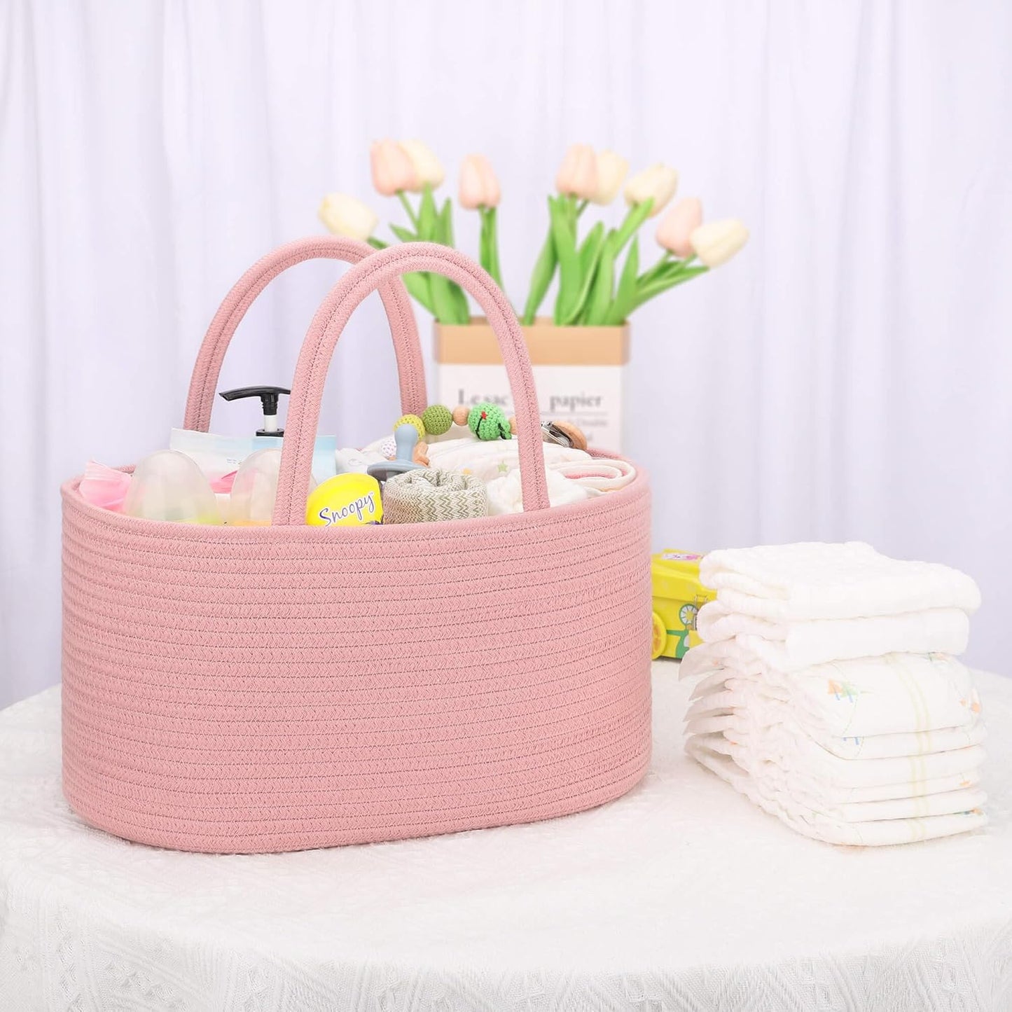 COMSE Baby Diaper Caddy Organizer, Car Caddy, Diaper Change Organizer, Gift Baskets Empty, Portable Tote Bag with Divider, Baby Shower Gifts Newborn Essentials Registry Must Have, Dusty Pink
