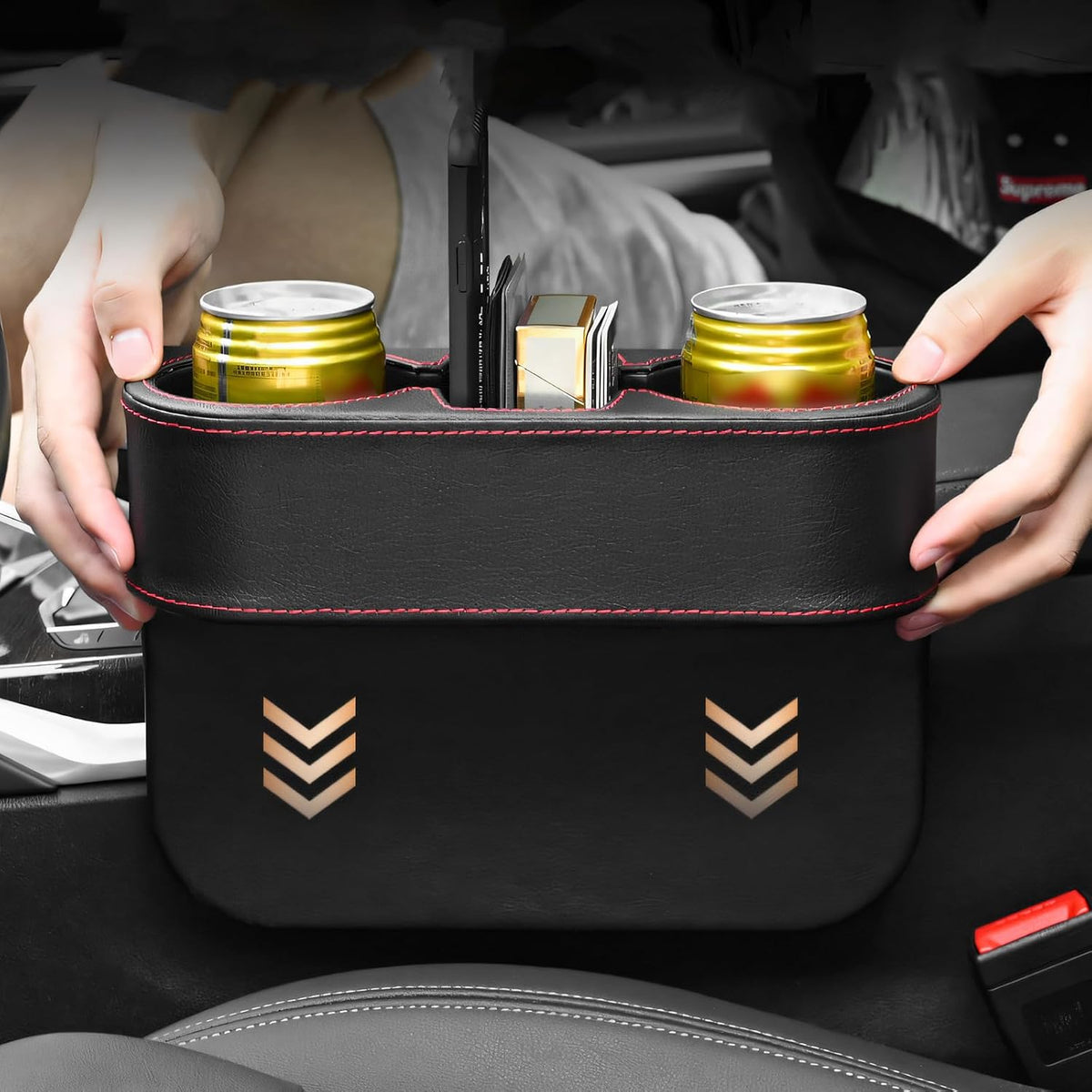 Car Seat Gap Filler Organizer, Leather Auto Front Seat Storage Organizer with Cup Holder, Multifunctional Cup Drink Holder Side Extra Coin Bucket for Cars Trucks SUVs (Black)