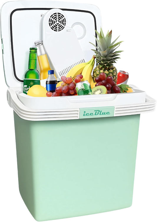 Electric Cooler, 26 Liter Mini Fridge with Automatic Locking Handle - Green | Large Capacity Car Refrigerator, Dual Use Portable Car Fridge for Travel, Outdoor, Camping, Gift