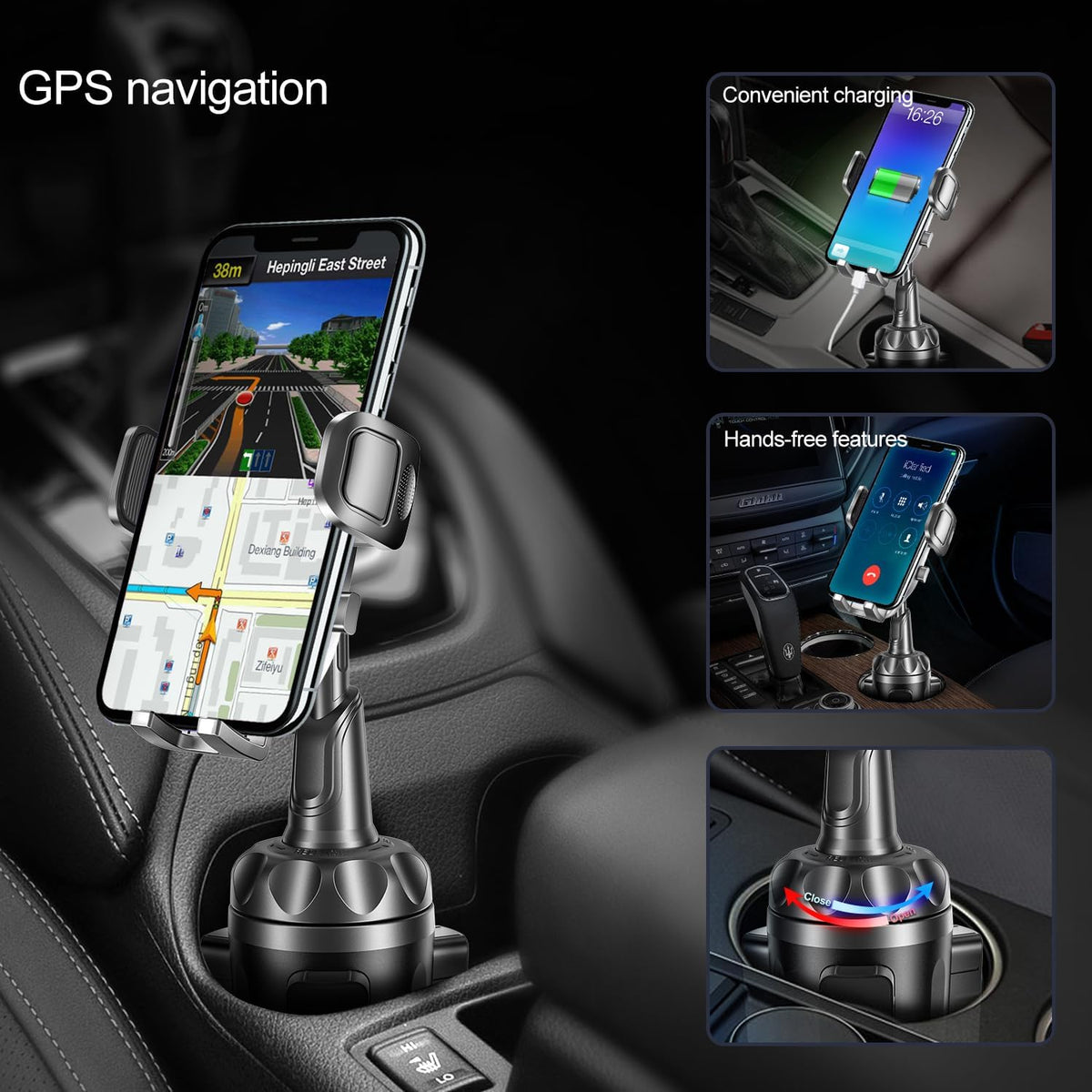 Car Phone Mount, Cup Phone Holder for Car [Secure & Stable] Cup Phone Holder Cell Phone Automobile Cradle for iPhone 16 and More Smart Phone -Black