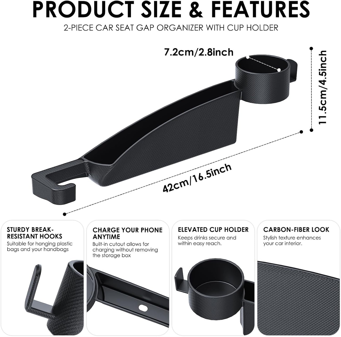 WD&CD 2PCS Car Seat Gap Filler with Cup Holder, Car Seat Gap Organizer for Phone Keys Drinks, Universal Car Interior Accessories