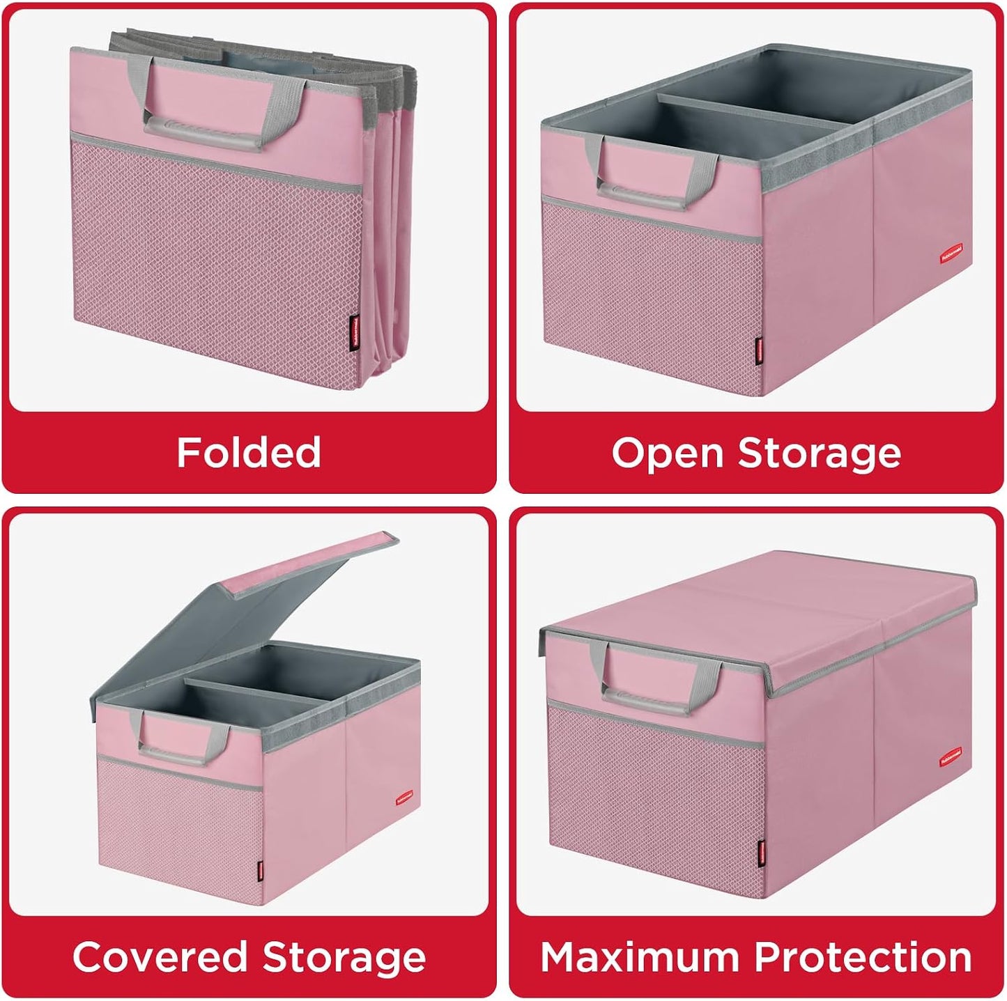 Rubbermaid Car Organizer, Collapsible Trunk Organizer, Multi-Compartment Car Storage Organization for Car Accessories, 2 Compartments With Cover, 21.65"*14.17"*12.2" - Pink