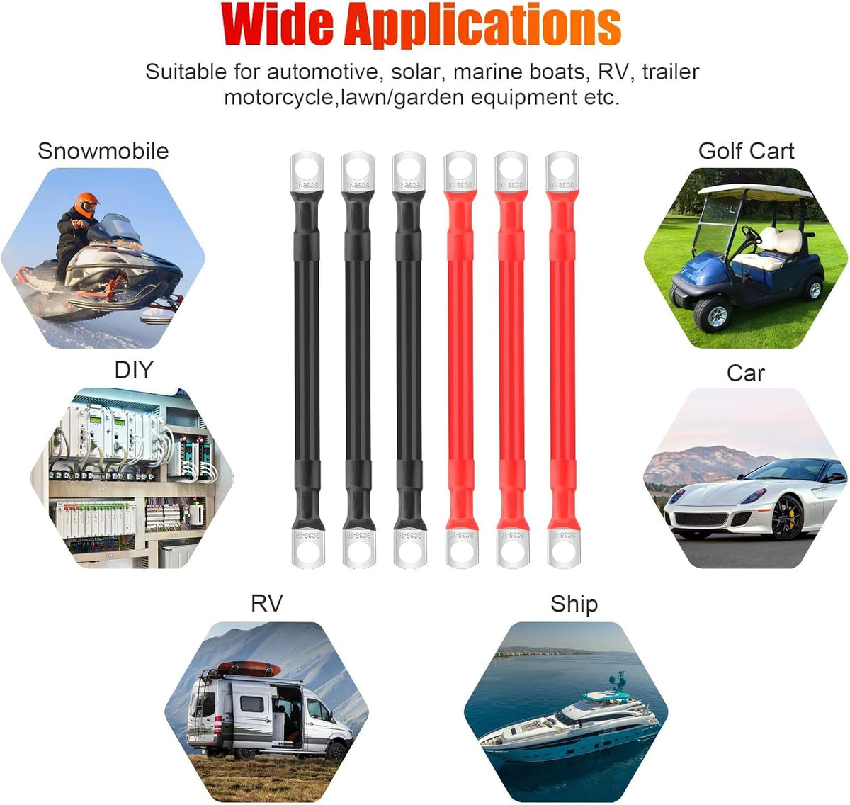 Linkstyle 6PCS 2 AWG Battery Cables 6 Inch, Heavy Duty Pure Copper Battery Bank and Inverter Cable Set with Tinned Copper 3/8" Lugs Terminals, for Solar, RV, Marine, Truck, Automotive 12V-48V