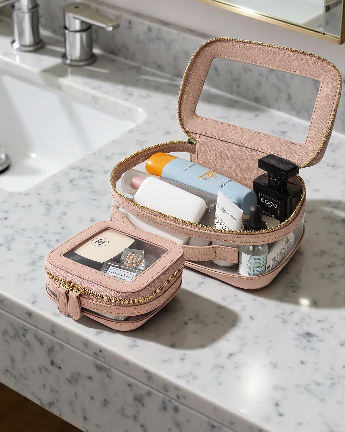 Clear Makeup Bag for Women, Small Portable Clear Makeup Bag Cute Waterproof Travel Cosmetic Case Makeup Pouch TSA Approved Toiletry Bag Women Traveling Car Organizer Car Essentials